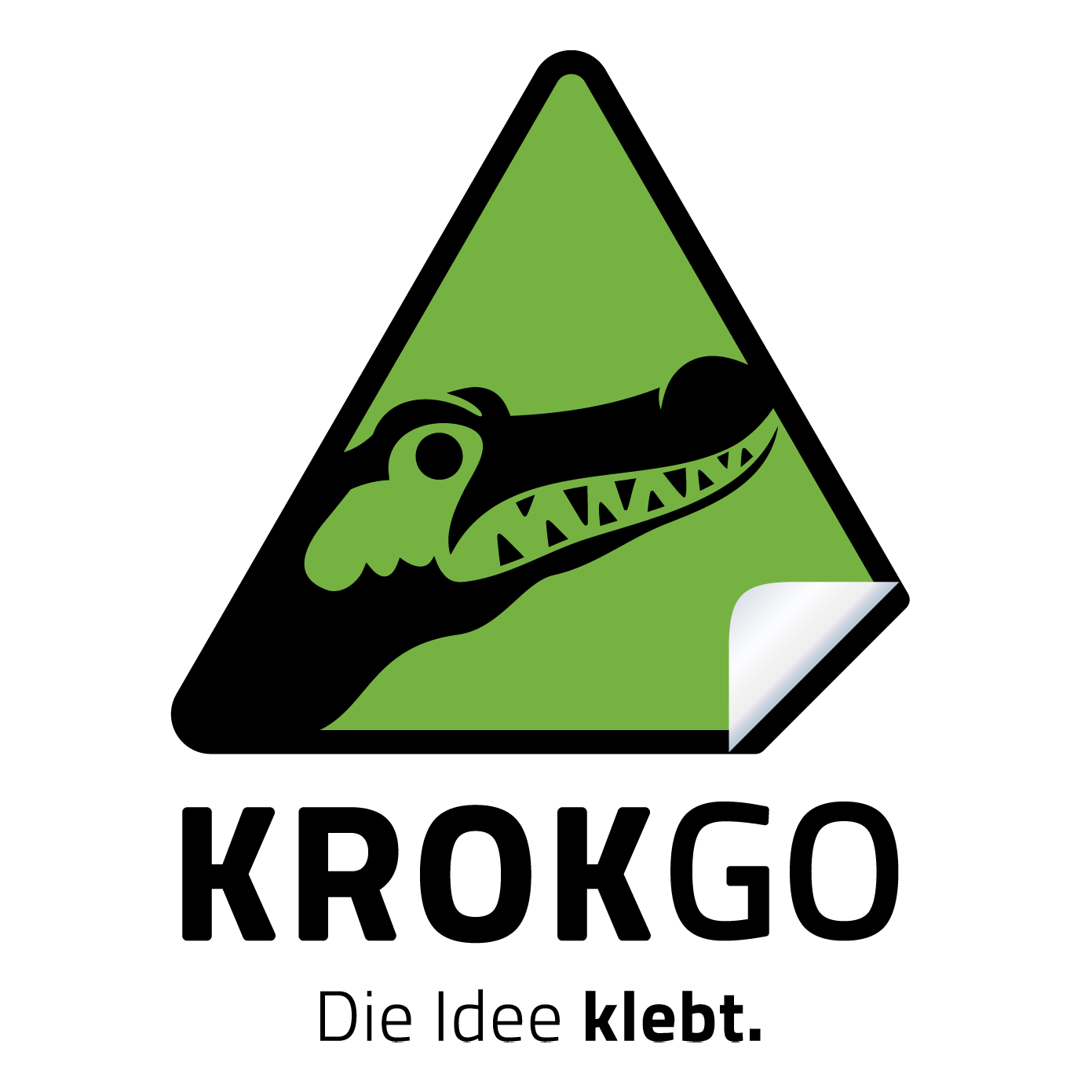 KROKGO Logo Flamingo-Icon auf grünem Warnsymbol und Flamingo-Icon und Schriftzug ‚Die Idee klebt‘.