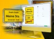 Digitaler Ortstafelkonfigurator mit Verkehrszeichen und Bildschirmdarstellung.