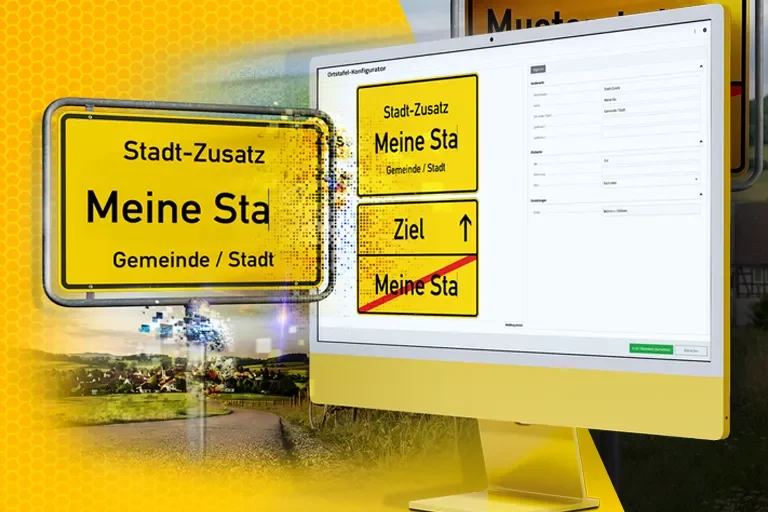 Digitaler Ortstafelkonfigurator mit Verkehrszeichen und Bildschirmdarstellung.
