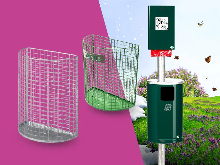 Zwei Drahtkörbe mit Bodenplatte sowie ein grüner Abfallbehälter mit Hundekotbeutelspender im Außenbereich