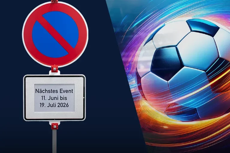 Halteverbotsschild mit Zusatzschild für ein Event, kombiniert mit dynamischem Fußballmotiv als Symbol für Veranstaltung und Events.