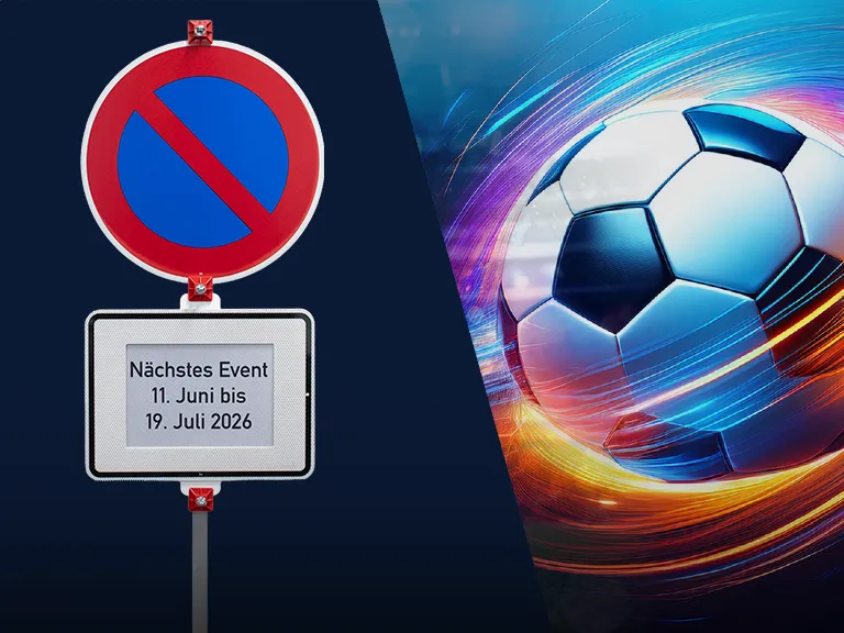 Halteverbotsschild mit Zusatzschild für ein Event, kombiniert mit dynamischem Fußballmotiv als Symbol für Veranstaltung und Events.