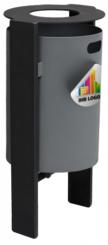 "Phoenixsee" mit Musterlogo Schwarzer zylindrischer Abfallbehälter mit aufgeklebtem Logo