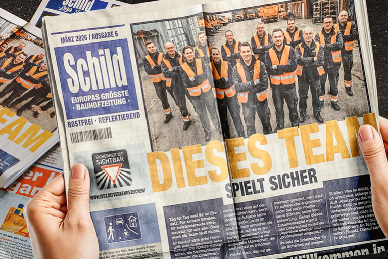 Mehreren Ausgaben der „Schild“-Bauzeitung; auf der Titelseite ein Team von Bauarbeitern in orangefarbenen Warnwesten mit der Schlagzeile „Dieses Team spielt sicher“.