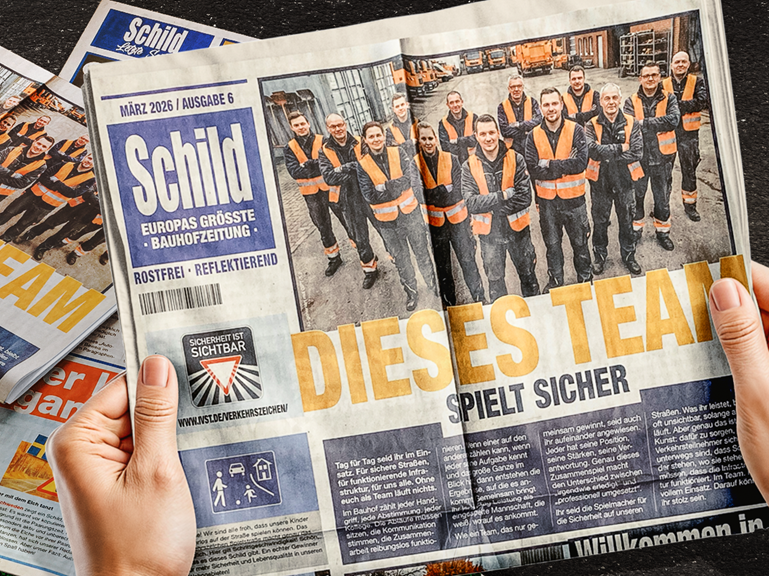 Mehreren Ausgaben der „Schild“-Bauzeitung; auf der Titelseite ein Team von Bauarbeitern in orangefarbenen Warnwesten mit der Schlagzeile „Dieses Team spielt sicher“.