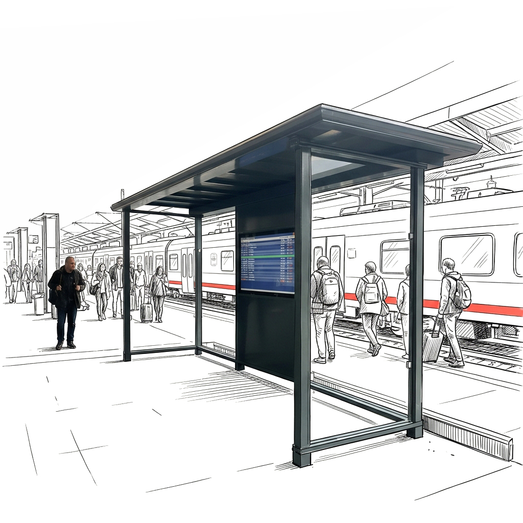Autarkes Wetterschutzhaus mit digitaler Fahrgastanzeige an einem Bahnsteig