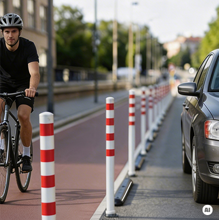 Radweg mit rot-weißen Pollern zur sicheren Trennung vom Autoverkehr neben parkenden Fahrzeugen für mehr Verkehrssicherheit in deutschen Städten – Schilderwerk Beutha