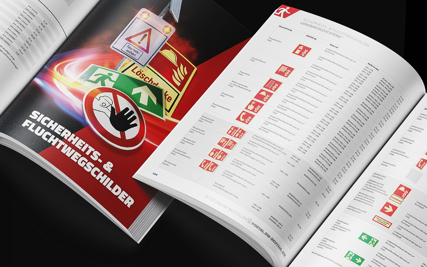 Geöffneter Verkehrsschilder-Katalog mit Sicherheits- und Fluchtwegschildern sowie Brandschutzsymbolen