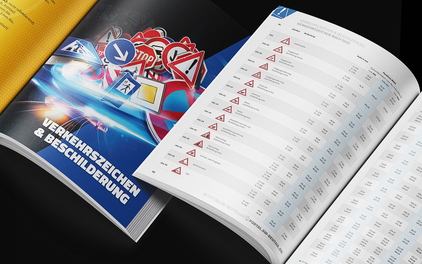 Geöffneter Verkehrsschilder-Katalog mit Verkehrszeichen, Warnschildern und Produktübersicht nach StVO