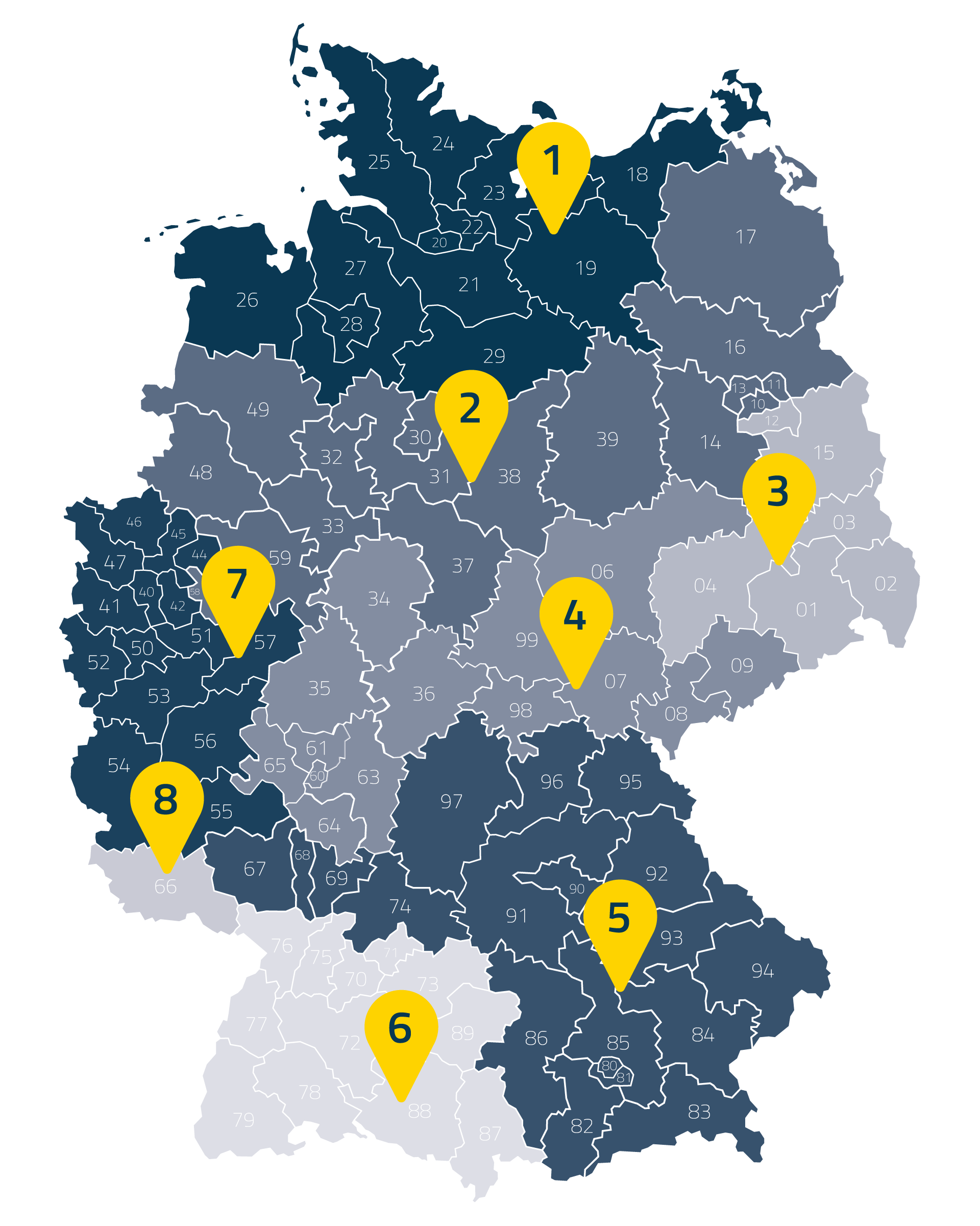 Ansprechpartner-Gebiete-Karte_Schilderwerk Beutha Deutschlandkarte nach Postleitzahlen eingeteilt mit Standort-Markierungen wo sich welche Außendienststellen der Schilderwerk-Beutha GmbH befindet