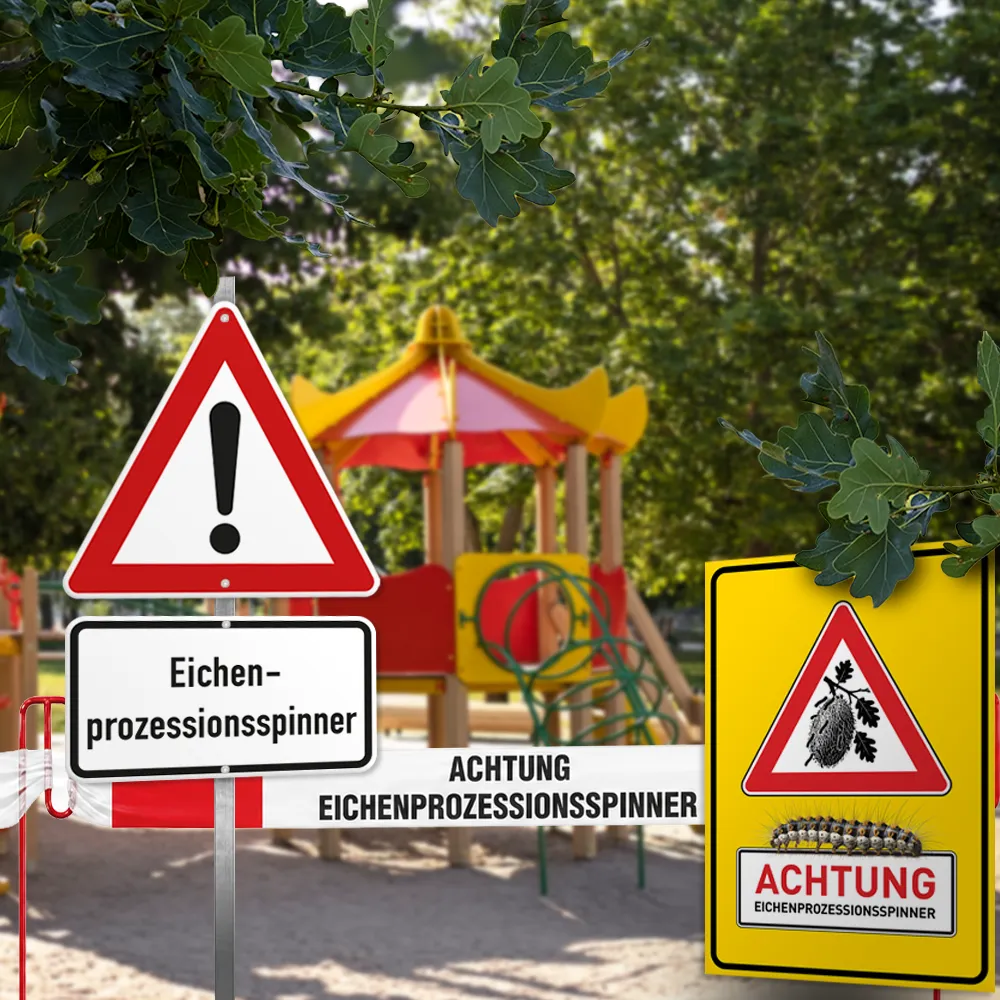 Spielplatz mit Warn- und Absperrlösungen Warnschilder und Absperrband sichern einen Spielplatz wegen Eichenprozessionsspinner ab.