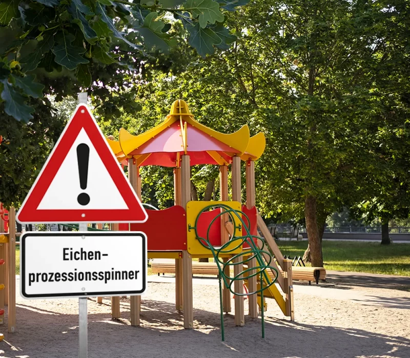 Warnschild Eichenprozessionsspinner auf einem Spielplatz Warnzeichen mit Zusatzschild „Eichenprozessionsspinner“ vor einem Spielplatz.
