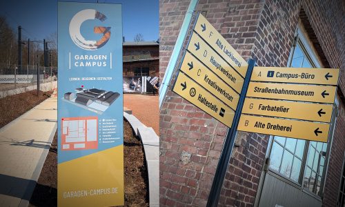Orientierungssystem und Wegweiser für den Garagen-Campus