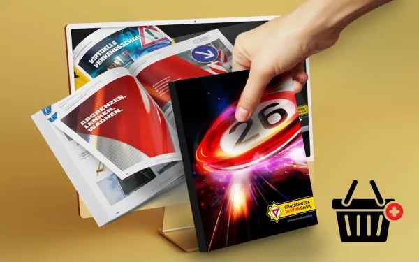 Gedruckter Schilderwerk Beutha Katalog vor einem Bildschirm mit Warenkorb-Symbol zur Katalogbestellung.