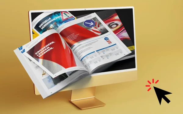 Digitaler Schilderwerk Beutha Katalog auf einem Bildschirm mit Mauszeiger zum Online-Blättern und Ansehen der Produkte.