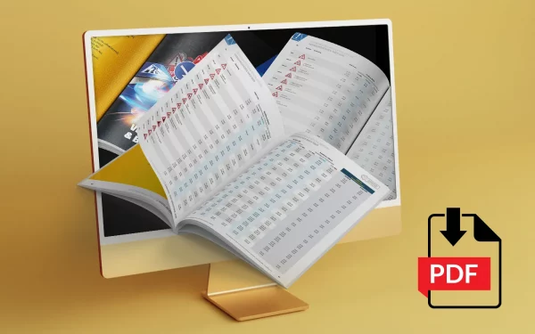 Digitaler Schilderwerk Beutha Katalog auf einem Monitor mit PDF-Symbol zum Herunterladen des Katalogs.