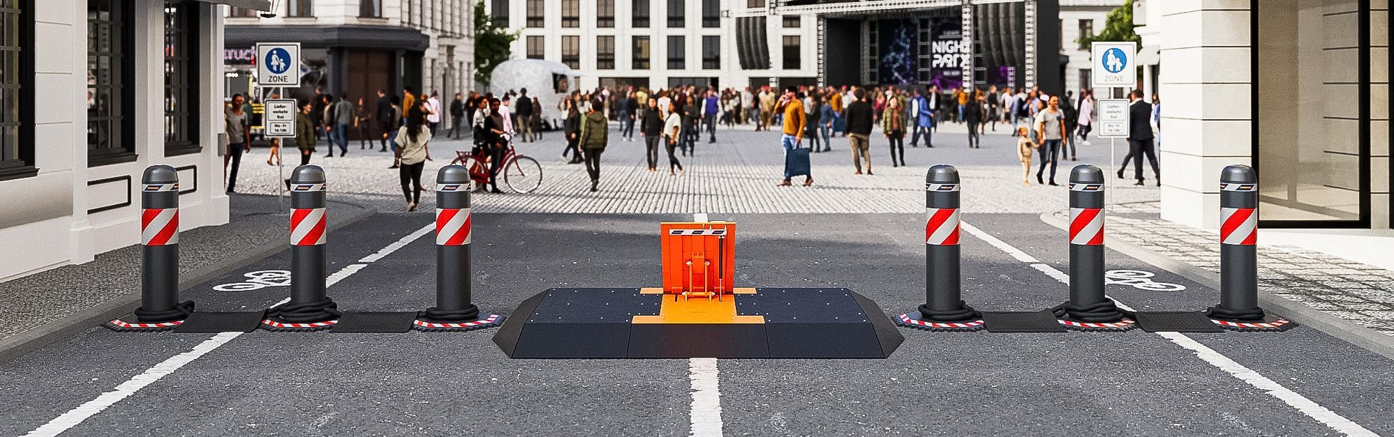 M30 Roadblock kombiniert mit Oktablock-Elementen zur temporären Zufahrtskontrolle und Absicherung von Veranstaltungen in deutschen Städten – Schilderwerk Beutha