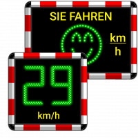 1126_Wavetech_2026_beide_Modelle Elektronisches Geschwindigkeitsdisplay mit Anzeige von 29 km/h und positivem Feedbacksymbol.