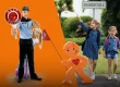 Schulkinder, die in einem Wohngebiet spazieren gehen, wo Warnaufsteller stehen