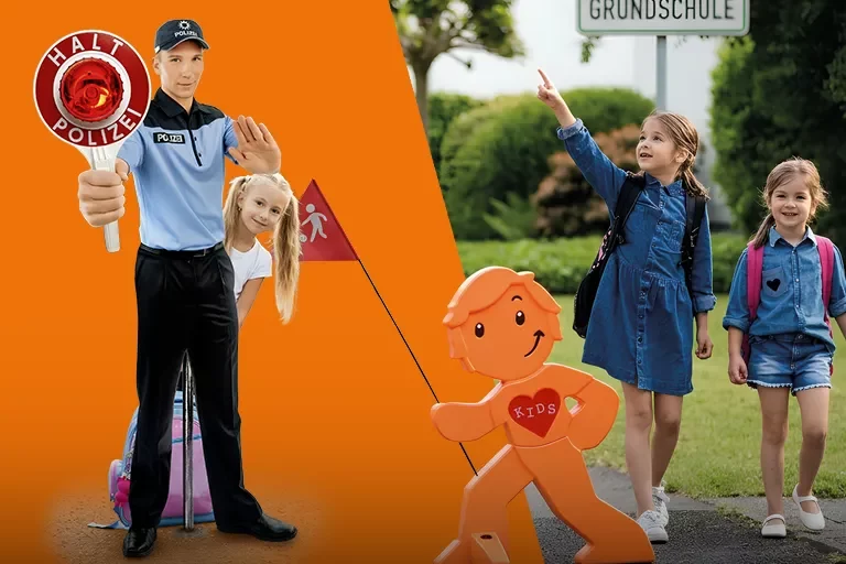 Schulkinder, die in einem Wohngebiet spazieren gehen, wo Warnaufsteller stehen