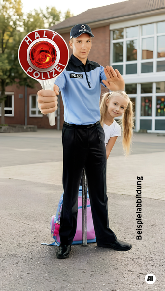 Warnfigur_Polizist_vor_Schule_Beispielabbildung Warnaufsteller, der wie ein Polizist aussieht, vor einer Schule hinter dem sich ein Kind versteckt.