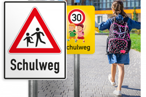 Sichere Schulwege durch klare Verkehrskennzeichnung Verkehrszeichen „Schulweg“, ein Tempo-30-Hinweisschild und ein Schulkind mit Rucksack auf dem Weg zur Schule.