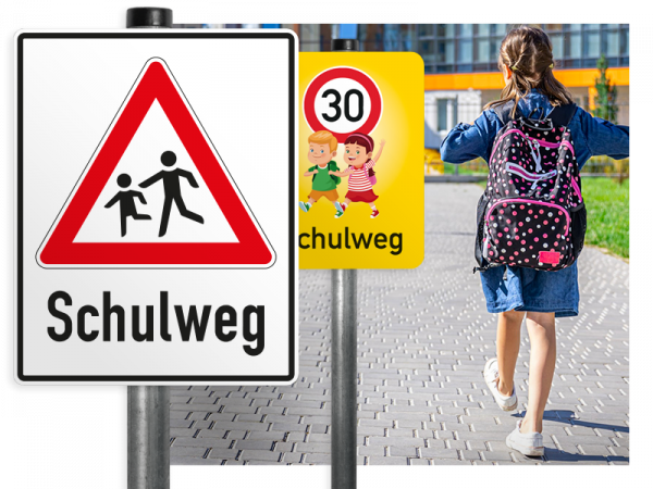Sichere Schulwege durch klare Verkehrskennzeichnung Verkehrszeichen „Schulweg“, ein Tempo-30-Hinweisschild und ein Schulkind mit Rucksack auf dem Weg zur Schule.