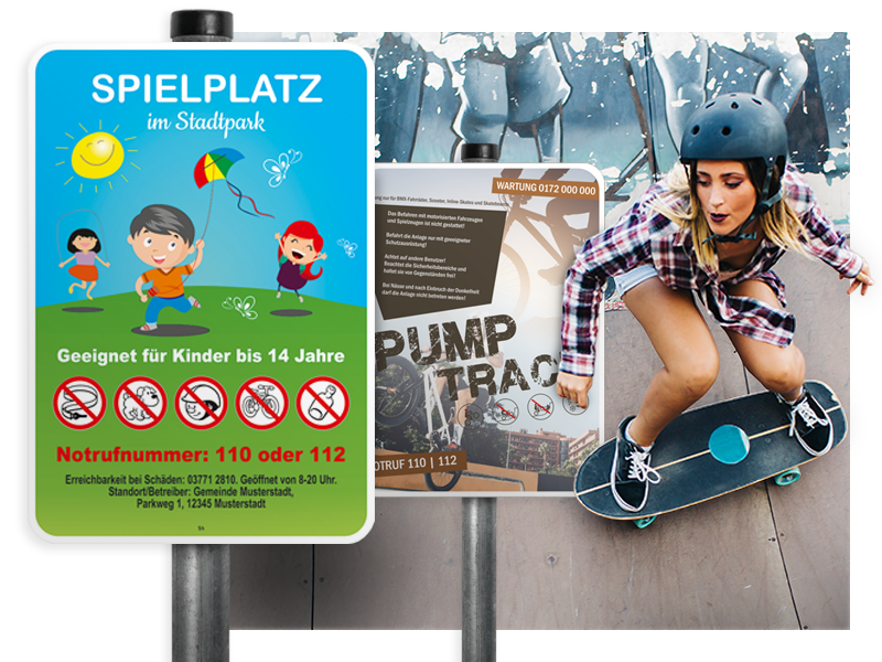 Sportplatz- und Pumptrackschilder neben einem Skatepark mit einer weiblichen Skaterin.