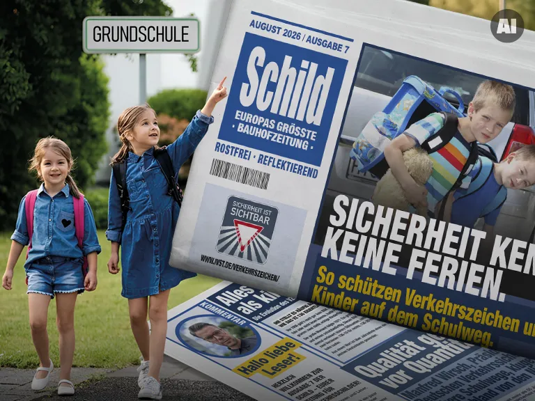 Schulkinder vor einer Grundschule neben SCHILD-Zeitung Ausgabe 7 mit Tipps für mehr Sicherheit auf dem Schulweg.