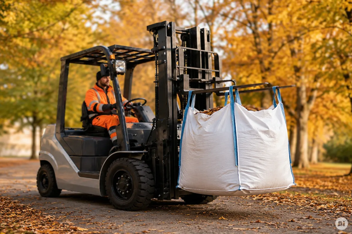 Kommunaler Mitarbeiter transportiert einen mit Herbstlaub gefüllten Big Bag mit einem Gabelstapler.