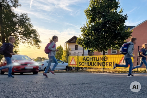 Schulkinder überqueren vor einer Schule die Straße neben einem Warnbanner „Achtung Schulkinder“