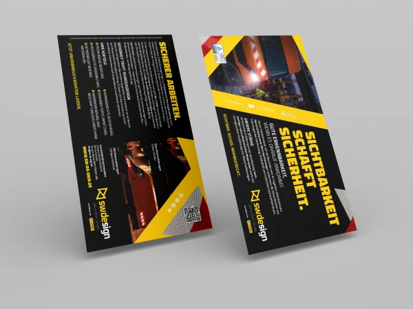 SWB-Maxicard_Warnmarkierungen Flyer von SW Design zum Thema Fahrzeugmarkierung und Sichtbarkeit mit reflektierenden Materialien.