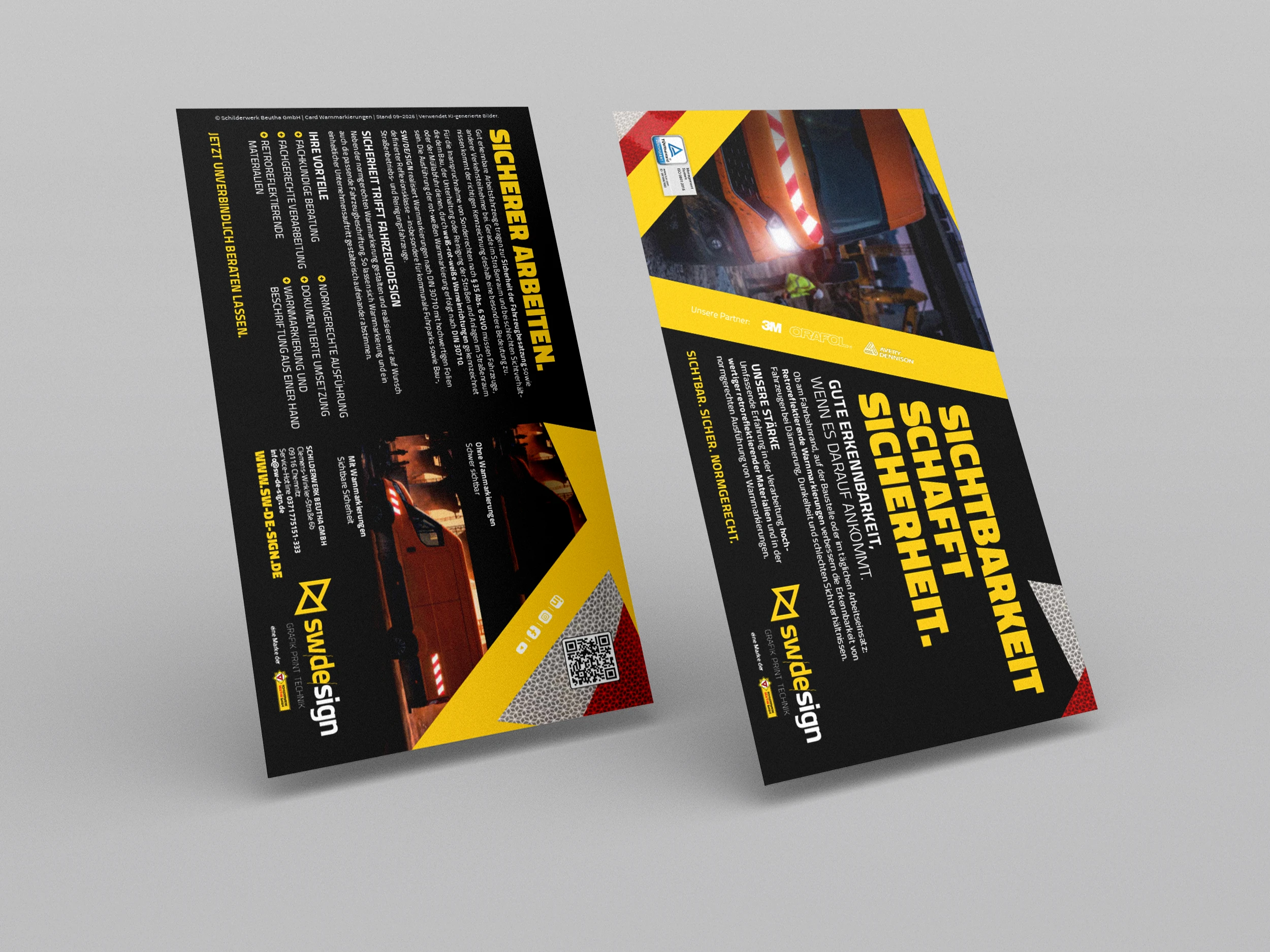 Flyer von SW Design zum Thema Fahrzeugmarkierung und Sichtbarkeit mit reflektierenden Materialien.